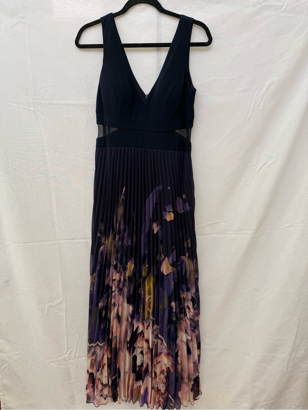 Xscape Navy and Purple Pleated Asymmetrical Maxi Dress